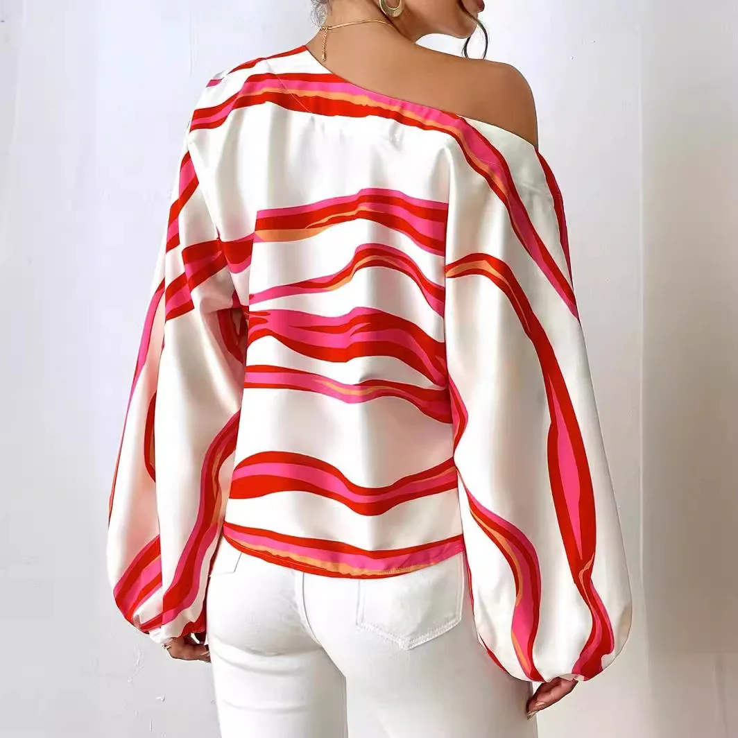 Women Blouse Geometric Striped Print Women\'s Spring Summer Blouse with Lantern Long Sleeve Slash Neck for Women traf mujer 2024