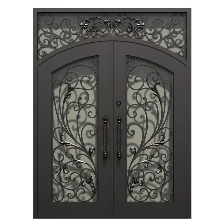 Prettywood Retro Villa Main Entry Door Exterior Rustic Arch Decorative Grille Double Wrought Iron Entrance Front Doors