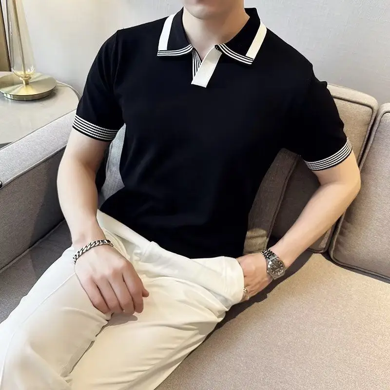 

Business Casual Knitted T-shirts Summer Polo-Neck Slim Men's Clothing Contrasting Colors Spliced Basic Short Sleeve Polo Shirts
