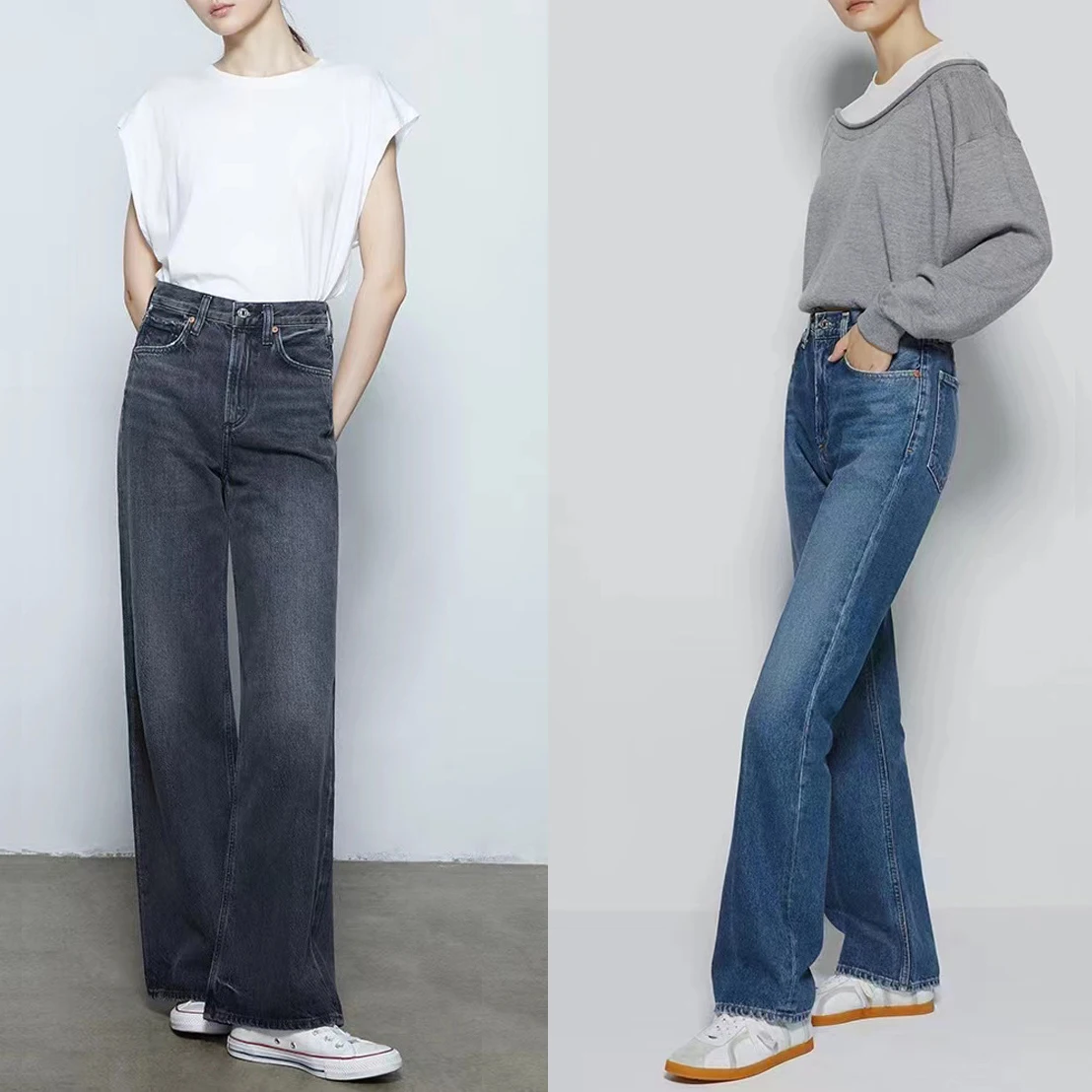 Jean taille haute en denim pour femme, pantalon évasé, jambes larges, non élastiques, nouvelle collection 2023