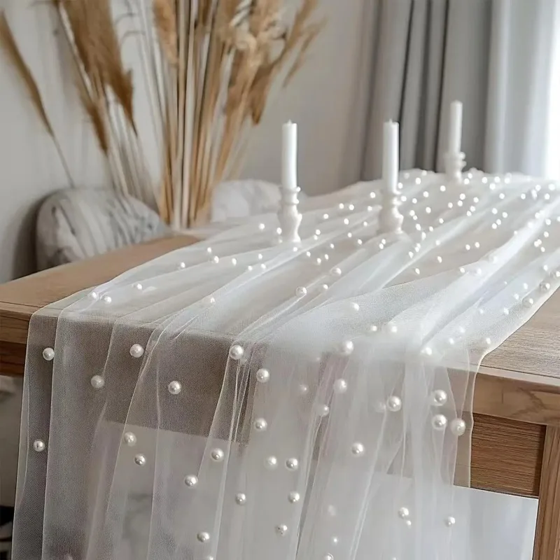 75x200cm Pearl Tulle Table Runner Polyester Beaded Mesh Wedding Veil Bouquet Wrapping Party Bridal Decorations DIY Tablecloth