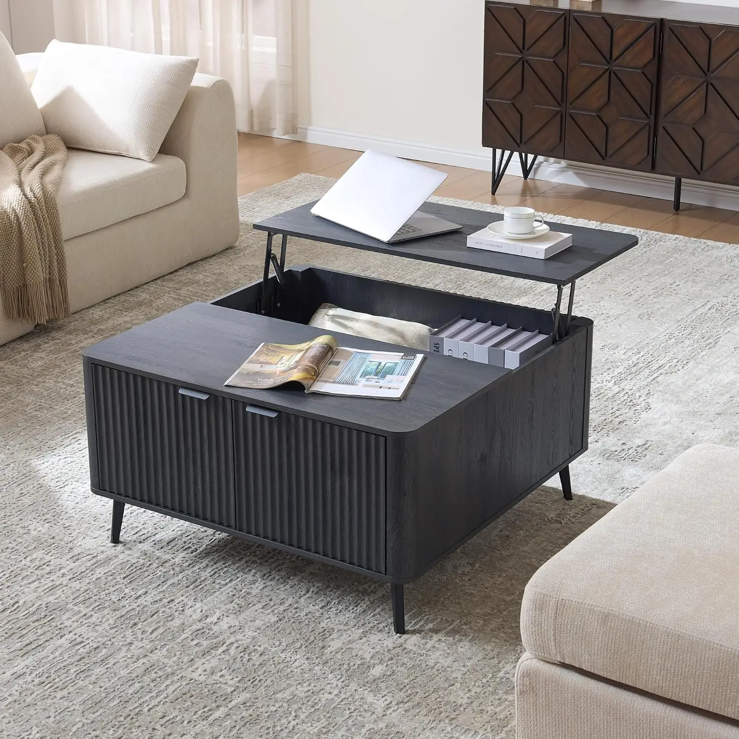Large Lift Top Coffee Table with Hidden Compartment & Storage, 35.4