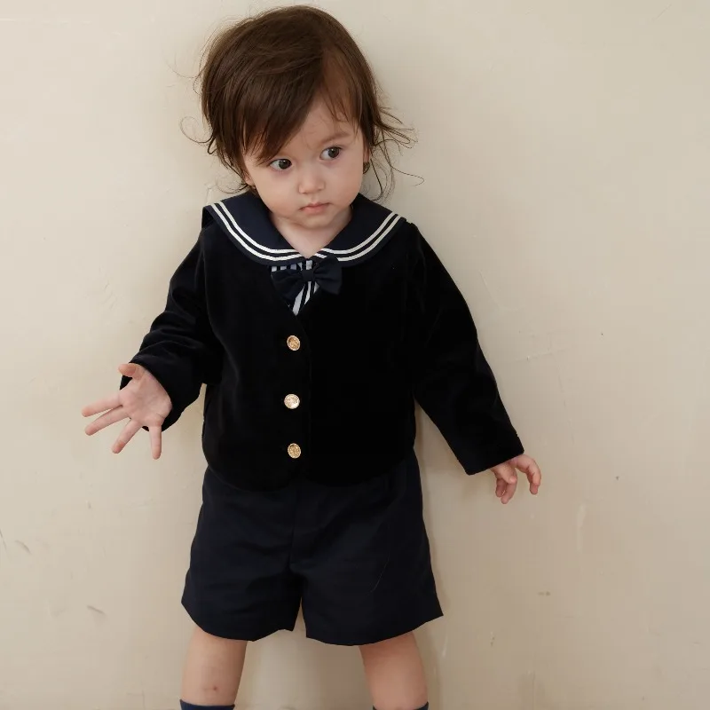 Spanish Brother And Sister College Style Striped Navy Two-Piece Set Classic Shirt And Shorts Autumn Kids Boutique Clothing