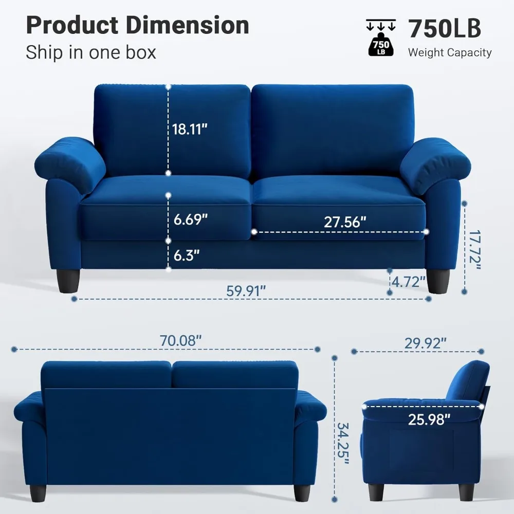 Sofá de salón de 70 pulgadas, sofás profundos de terciopelo para espacios pequeños, sofá de dos plazas moderno de mediados de siglo con bolsa de almacenamiento, dormitorio
