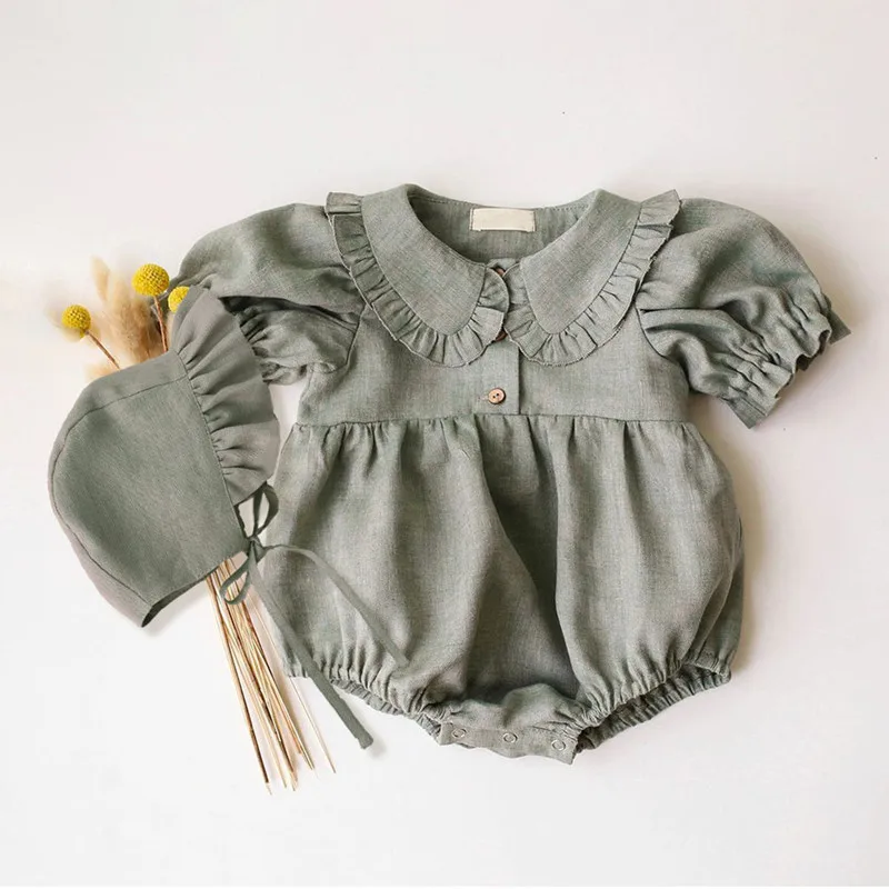 New Summer Newborn Girl Rompers Solid Color Cotton Linen Jumpsuit + Hat 2Pcs Baby Girl Clothes