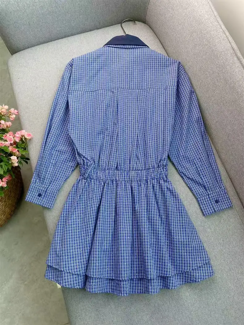 2025년 초가을 신상 핫 다이아몬드 플래드 셔츠 드레스 여성 우아한 폴로 칼라 긴팔 밴딩 허리 숏 로브