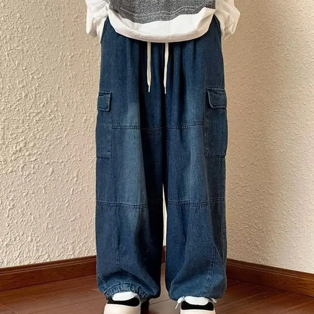 

Oversized Cargo Pants With Multiple Pockets Elastic Waist Drawstring Solid Color Baggy Denim Pants Wide Leg Trousers Harajuku