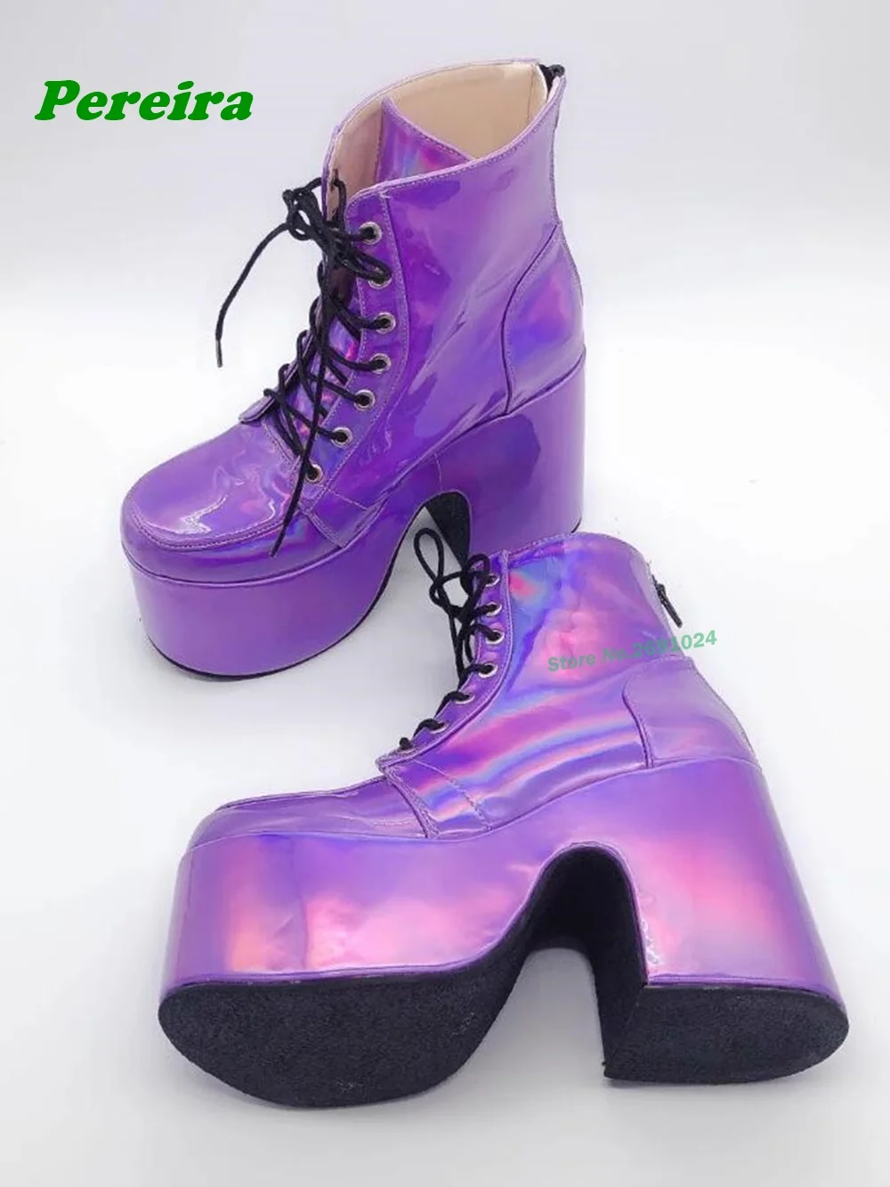 Laser Platform Thick Soled Ankle Boots Chunky Heeled Back Zipper Cross Tied Lace Up Purple Women\'s Boots Luxury Shoes Plus Size