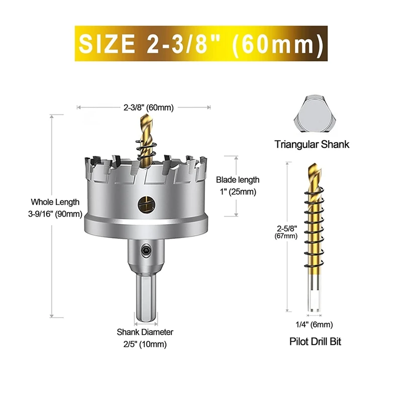 Set di seghe a tazza per metallo duro, taglierina per seghe a tazza con punta in carburo di tungsteno da 2-3/8 pollici con punta da trapano pilota placcata in titanio durevole