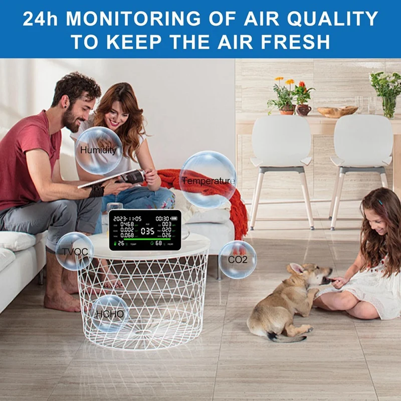 Portátil Inteligente Monóxido De Carbono Detector, Monitor de Qualidade do Ar Set, 11in 1, Indoor CO2, VOC, AQI, PM2.5, Termômetro, Umidade