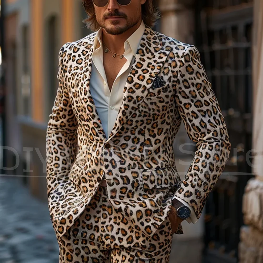 

Men's Leopard Print Suit Set Stylish Single Breasted Velvet Outfit for Party Stage Performance Nightclub Fashion Suits 2 Piece