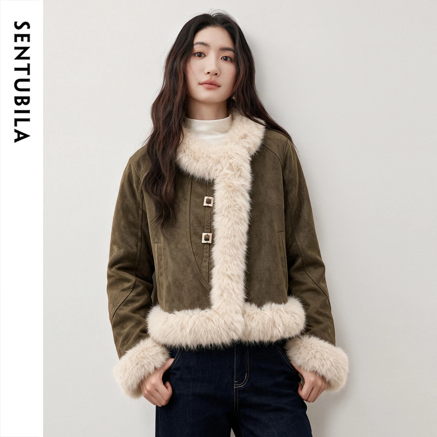 SENTUBILA Faux Suede Fuzzy Jacket for Women Winter Retro Fleece Short Coat 2026 Commute Thick Warm Loose Outerwear W64WB9456