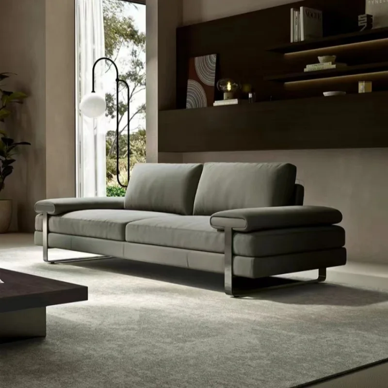 Italian minimalist leather sofa light luxury modern living room first layer cowhide straight row sofa
