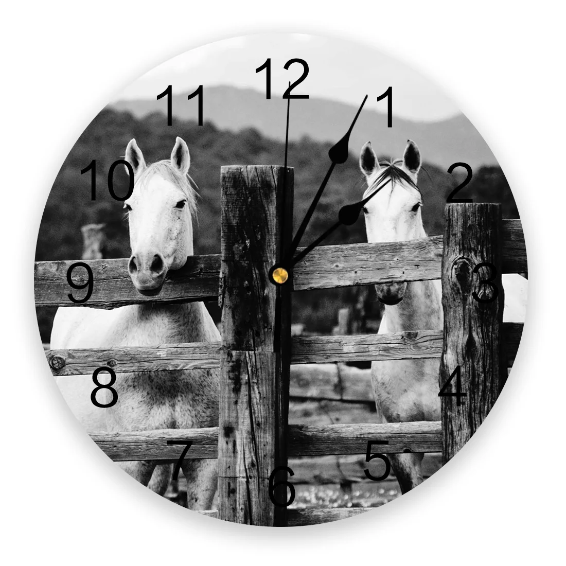 Farm Animal Horse Black And White Wall Clock Modern Design Living Room Decoration Clock Mute Wall Watch Home Interior Decor