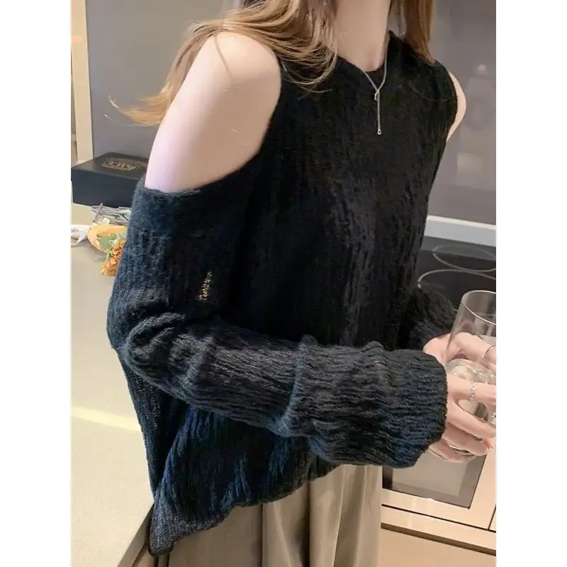 Fashion Solid Color Korean Knitted Off Shoulder T-Shirt Female Clothing 2024 Spring Summer New Loose Sweet Tops Casual Tee Shirt