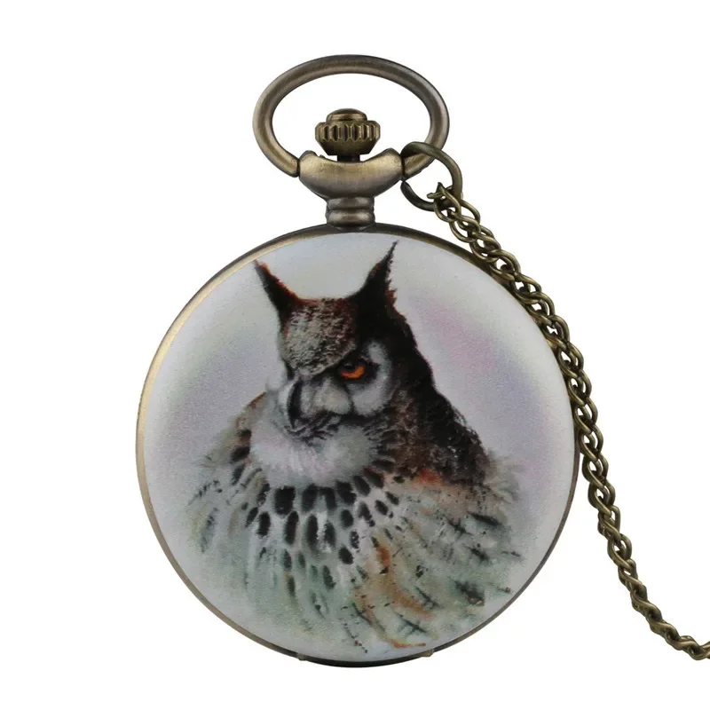 Bronze Style Printed Owl Full Hunter Men Women Necklace Chain Quartz Pocket Watch Arabic Number Display Antique Gift To Kid