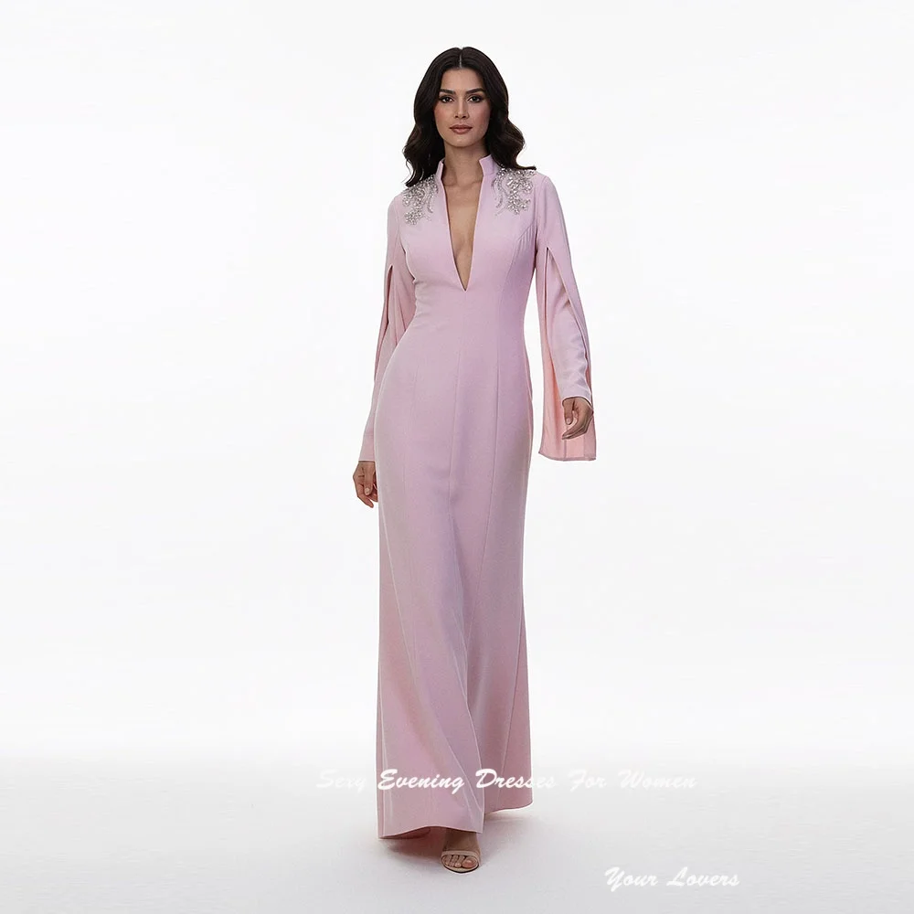 

Deep V-neck Evening Dress For Women Customized Long Sleeve Cocktail Party Dress With Crystal Mermaid فساتين سهره