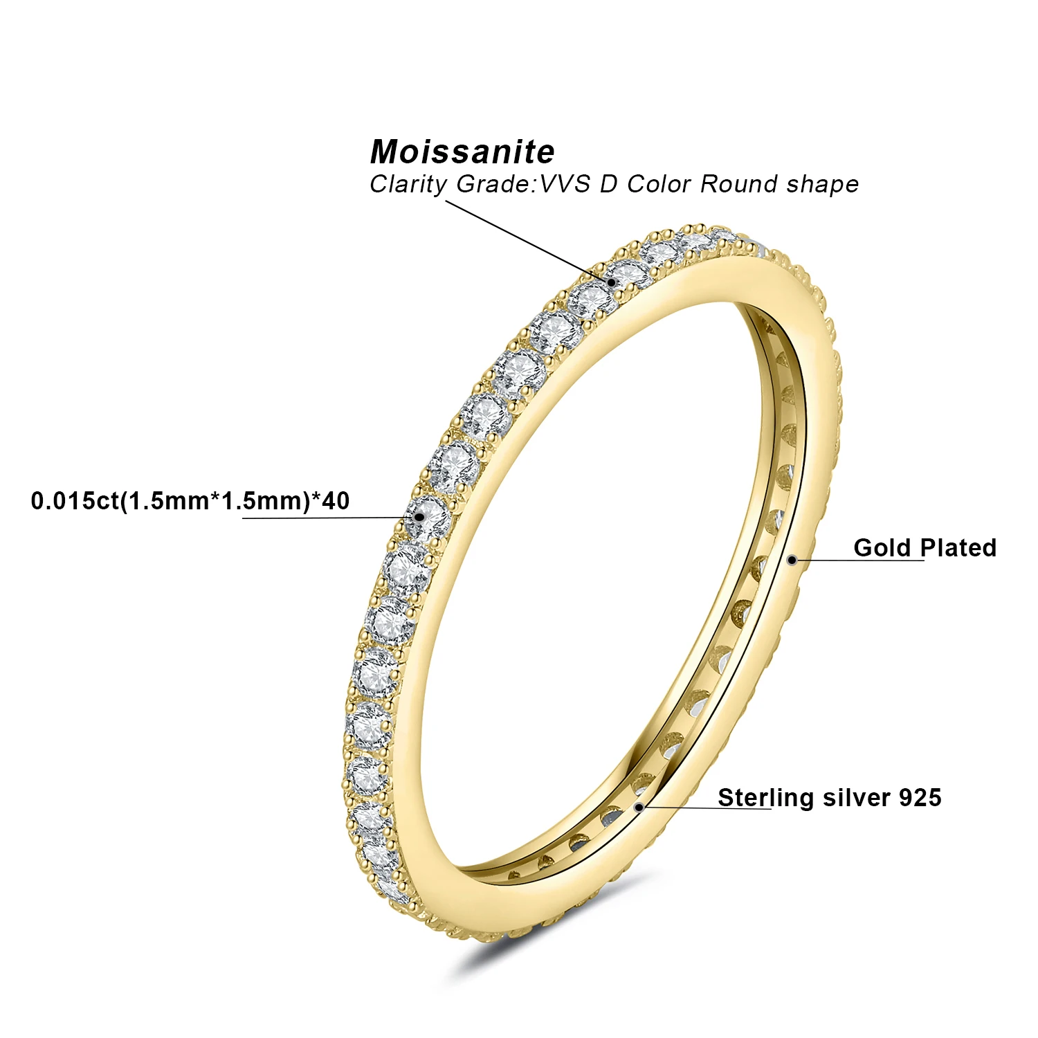 JewelryPalace Moissanite D Color Eternity Total 0.6ct 925 Sterling Silver Wedding Band Ring for Women Yellow Rose Gold Plated