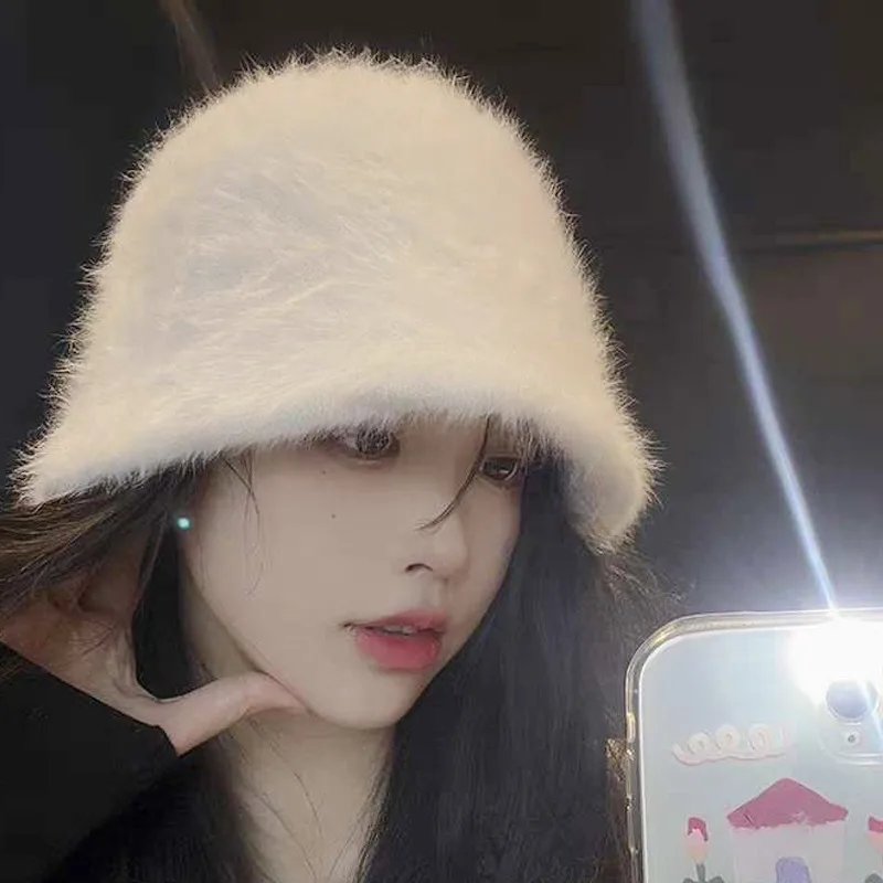 New Rabbit Wool Cute Bucket Hat Winter Plush Fisherman Hats Girl Warm White Black Solid Color Caps for Women Autumn Cold-proof