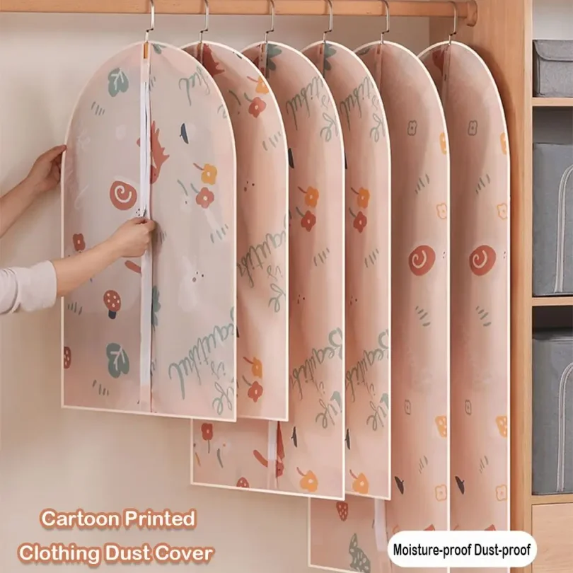 Cartoon Printed Clothing Dust Cover Waterproof Hanging Pocket Suit Coat Dust Bag Moisture-proof Fully Enclosed Closet Organizer