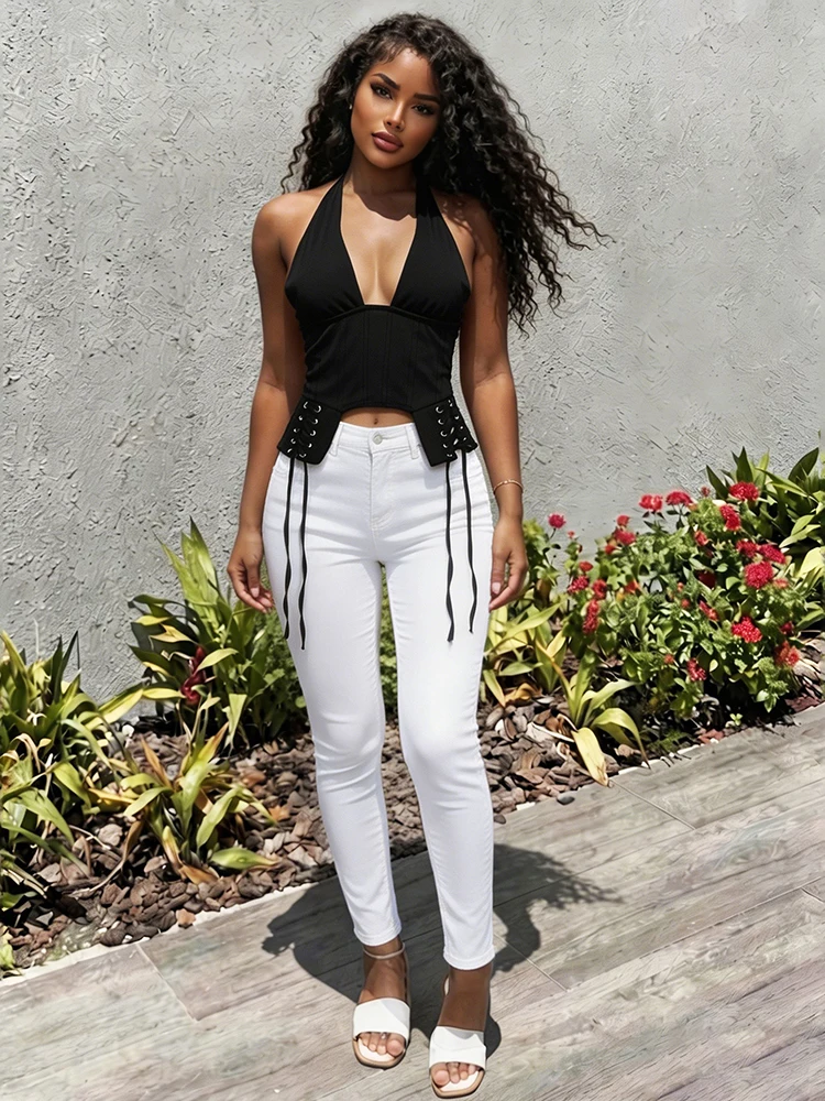 Sisterlinda Trend Damen Cross-Bandage Tanktop mit Dekoration, Neckholder, tiefem Ausschnitt, rückenfrei, unregelmäßige Form, sexy Sommer-Mode-Westen – Detail 13