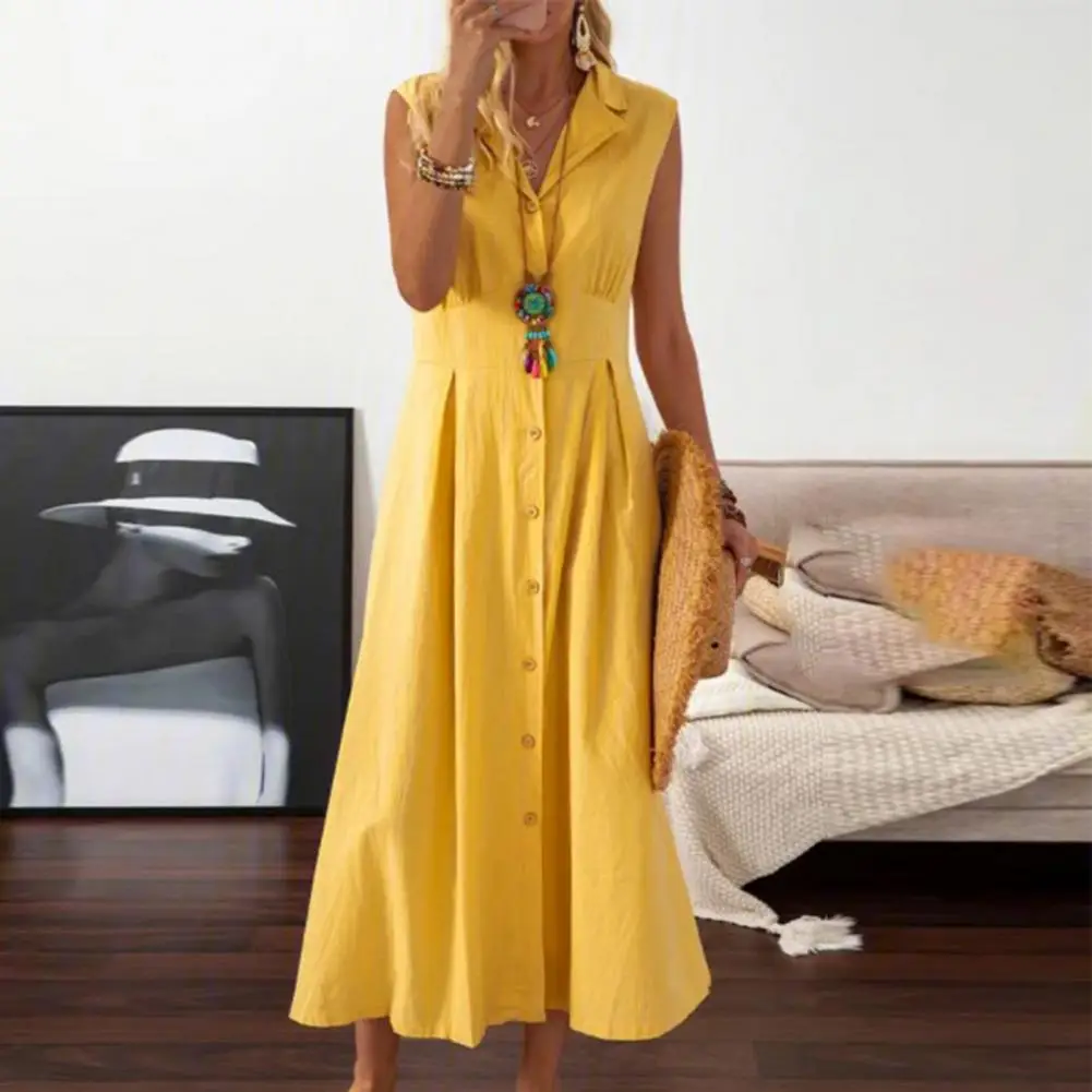 Women Fashion Long Dresses Solid Turn-Down Collar Short Sleeves A-Line Dress Single Breasted Female Summer Elegant Dress 2 Color