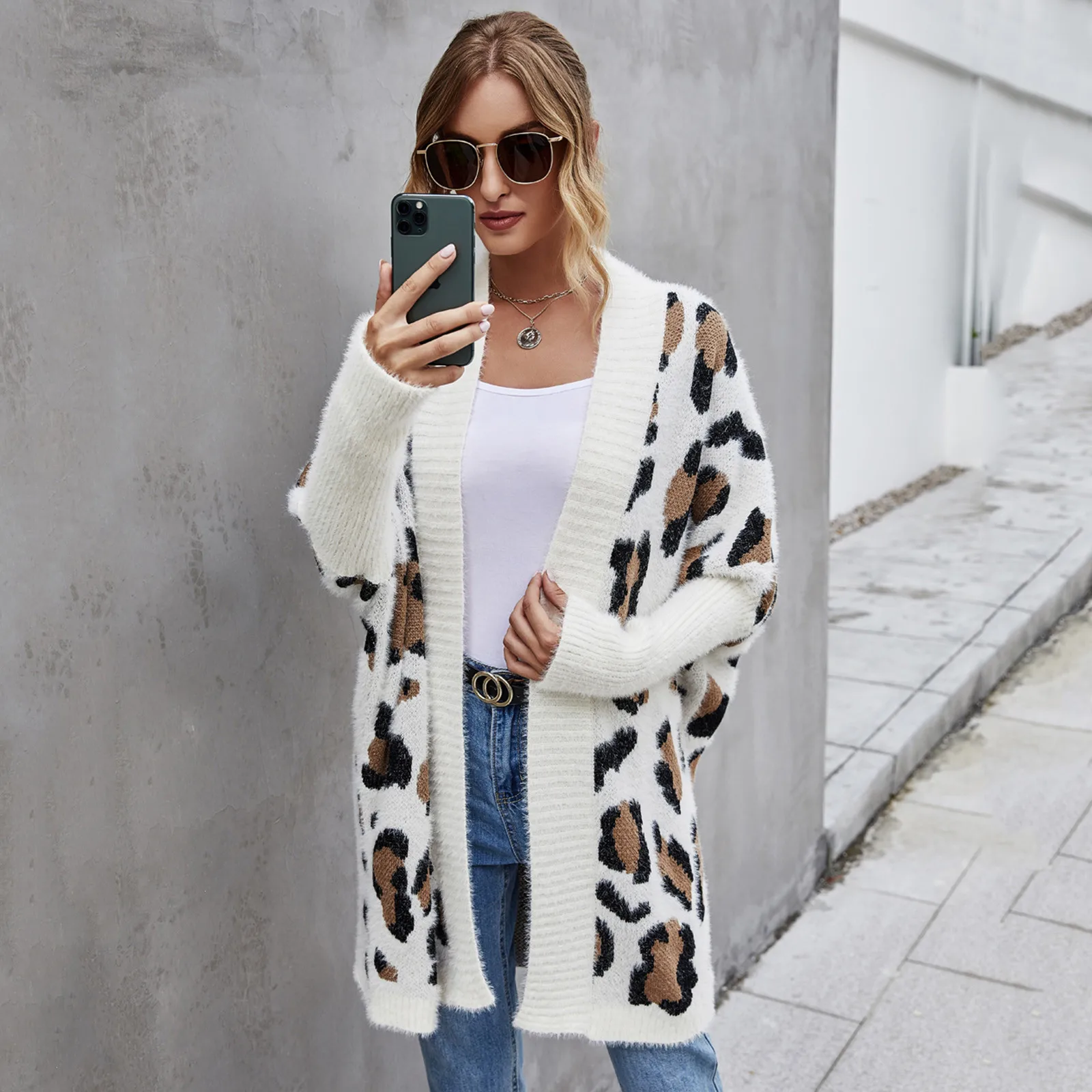 Casual Leopard Print Cashmere Cardigan Women Fashion V Neck Long Sleeve Loose Knitted Sweater 2024 Winter Lady New Knitwear Top