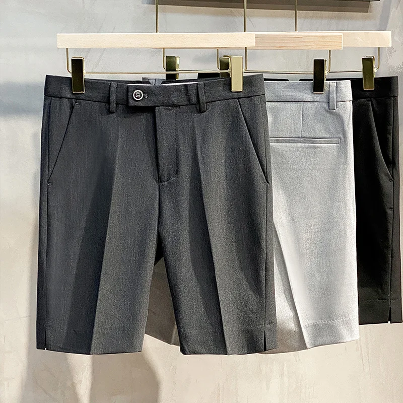 Summer Korean-Style Ice Silk Slim-Fit Men's Casual Shorts, Light Business Straight Thin Dress Shorts, Trendy Mid-Length Pants