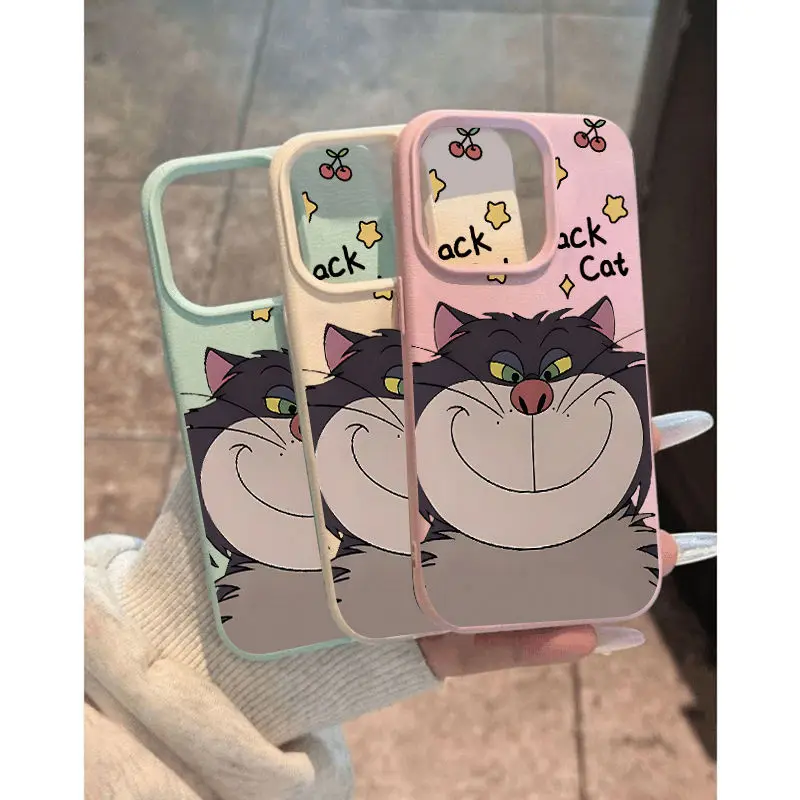 Funny Cute Lucifer cat Fashion TPU Imitation Leather Phone Case For iPhone 16 Plus 15 14 13 12 11 Pro Max Shock-absorbing