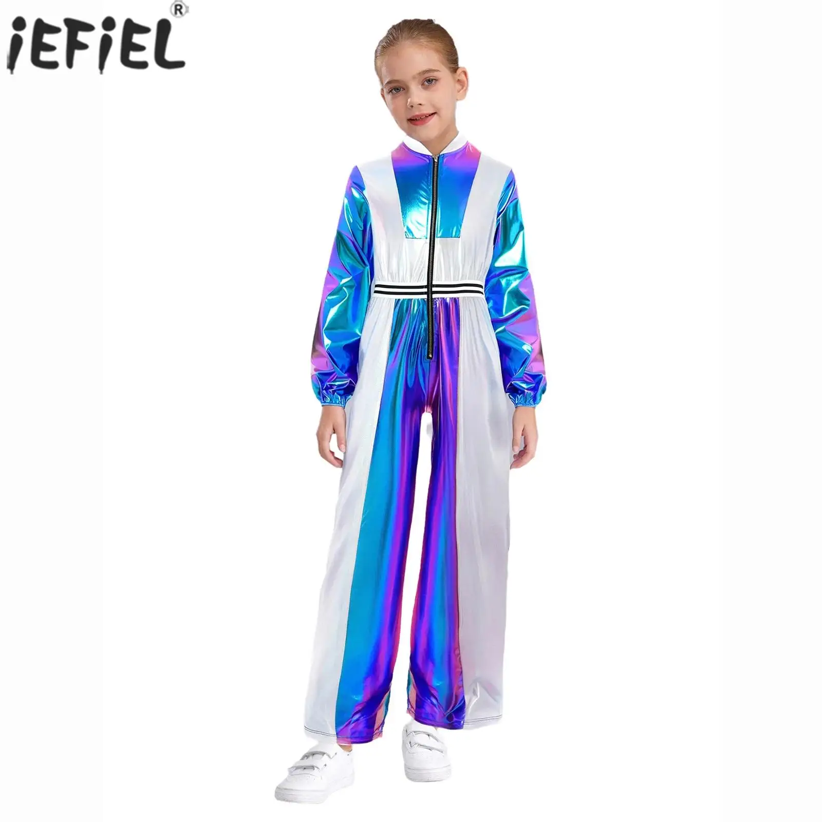 

Kids Girls Long Sleeves Metallic Party Raves Disco Jazz Dance Performance Jumpsuit for Jazz Hip-Hop Tango Stage Performance Suit