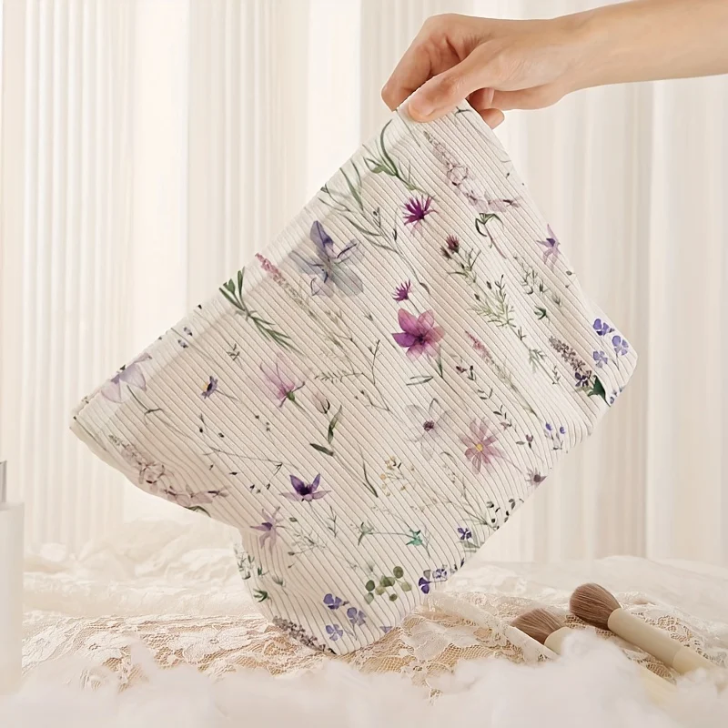 Flower Pattern Printed Corduroy Zippered Storage Bag, Lightweight Makeup Bag, Makeup Bag, Multi-Functional Wash Bag