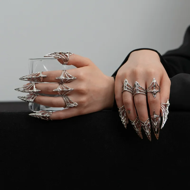 Punk Metal Nail Cover Bone Ring Gothic Rock Machinery Manicure Vingertop Ring Multilayer Vinger Ringen Cosplay Sieraden Set Gift