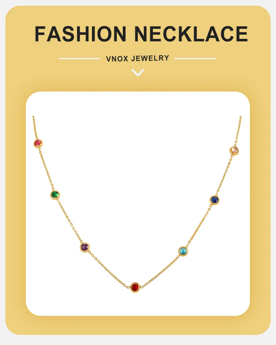 Vnox Minimalistisches, vergoldetes, mehrfarbiges Zirkonia-Schmuckset mit Halskette, Ohrringen und Armband für Damen, trendiger, farbenfroher Kristallschmuck – Detail 11