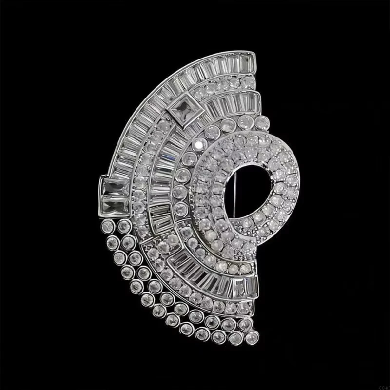 FTCY Luxury Full Rhinestone Fan Brooches For Women Personality Luxury Brooches Evening Dress Neckline Anti-slip Jewelry Gift