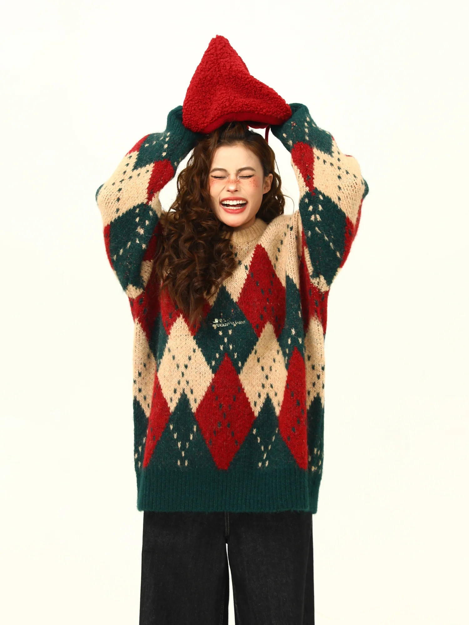 

Limited Edition American Retro Diamond Pattern Fake Two-Piece Sweater End of Year Street Sle Loose Fit Long Sve round Ne