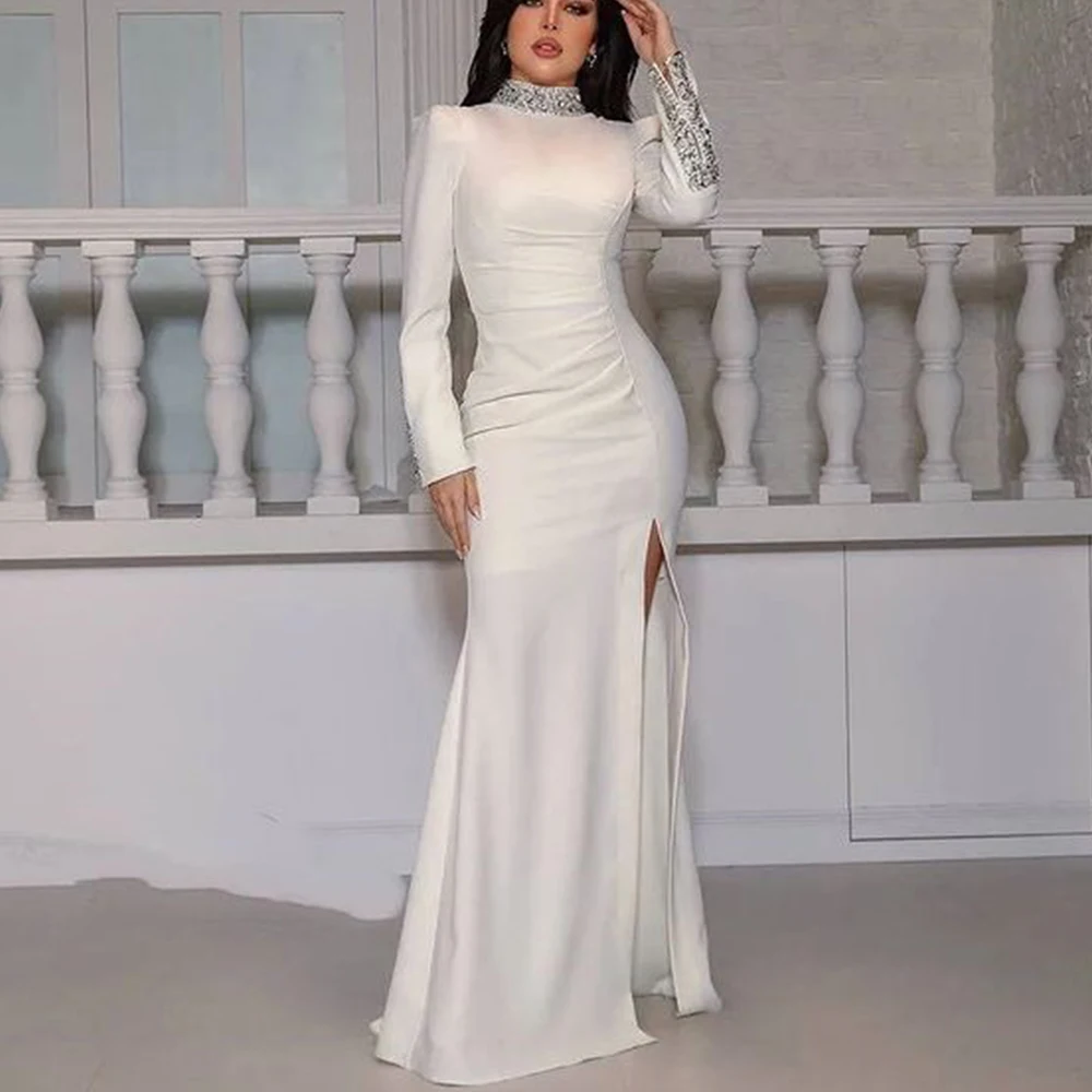 Flechazo High Neck Long Sleeves Evening Dress Sheath Side Slit Floor Length with Beading and Crystal Women Custom Made Gowns