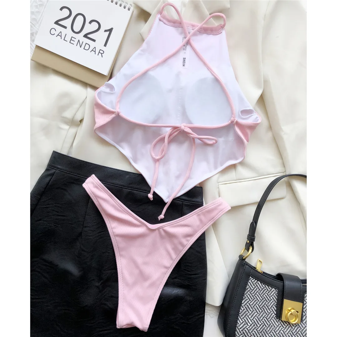 Hochgeschlossener Bikini mit überkreuztem Rücken und hohem Beinausschnitt, gerippt, Damen-Badeanzug, zweiteiliges Bikini-Set, Badebekleidung, Badeanzug, Modell V2878 – Detail 35