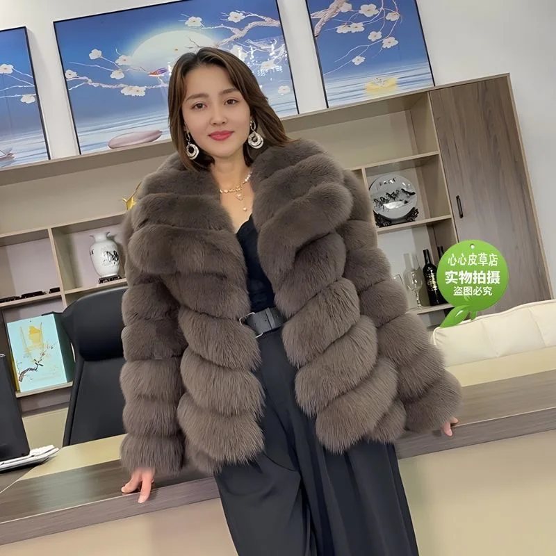 QUEENTINA Winter New Women\'s Real Fox Fur Coat With Collar Overcoat Leather Female Natural Plus Size