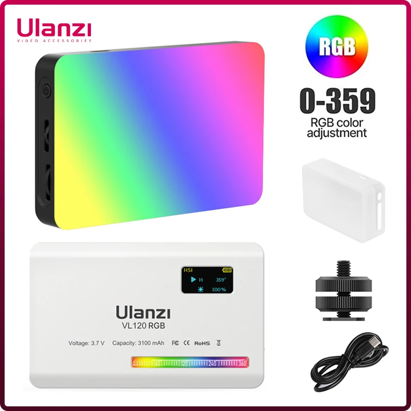 Ulanzi VL120 RGB światło aparatu z dyfuzorem 2500-9000K CRI 95 + 3100mAh LED panel światła wideo do aparatu fotograficzego światła fotograficzne
