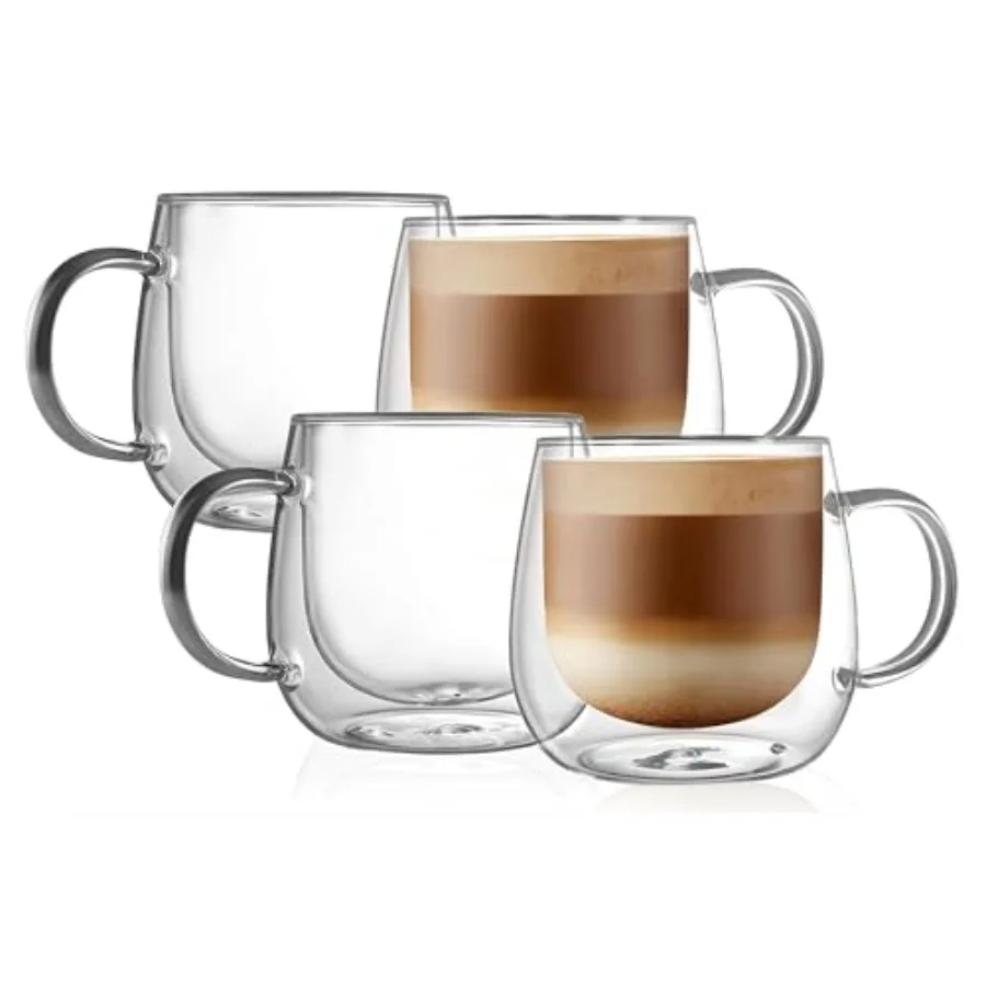 

16oz Double Walled Glass Coffee Mugs 4-pack Large Clear Coffee Cups with Handle Glass Espresso Mugs for Latte Cappuccino Tea