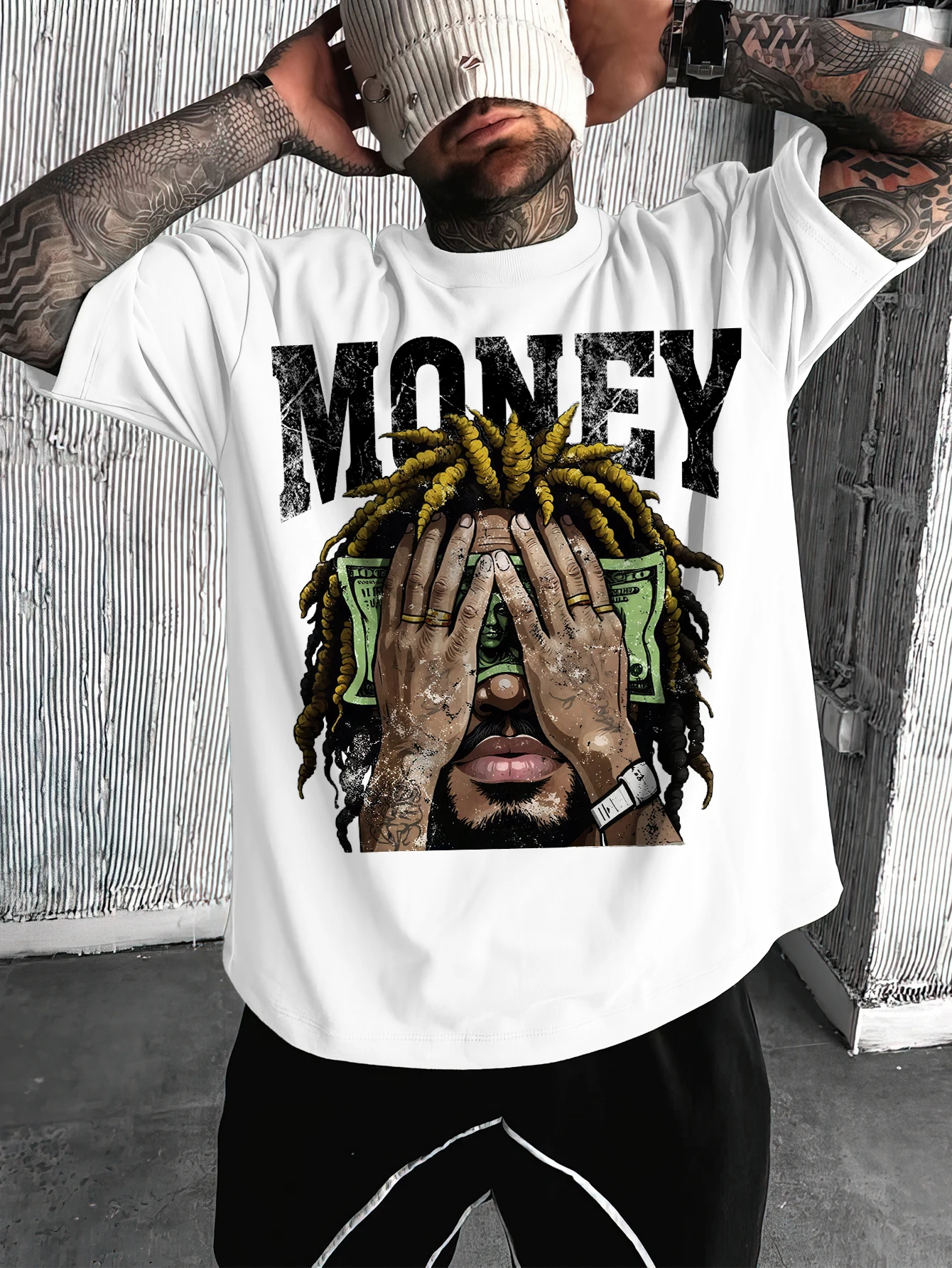 Men's Oversized Hip Hop Streetwear T-shirt Brand Money Dreadlocks Dollar Bill Tattoo Graphic Print Loose Fit Cotton Short Sleeve