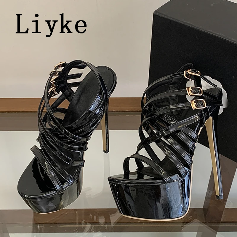Liyke Summer 17CM Super High Heels Sandals Women Platform Pumps Fashion Open Toe Buckle Strap Ladies Party Club Stripper Shoes