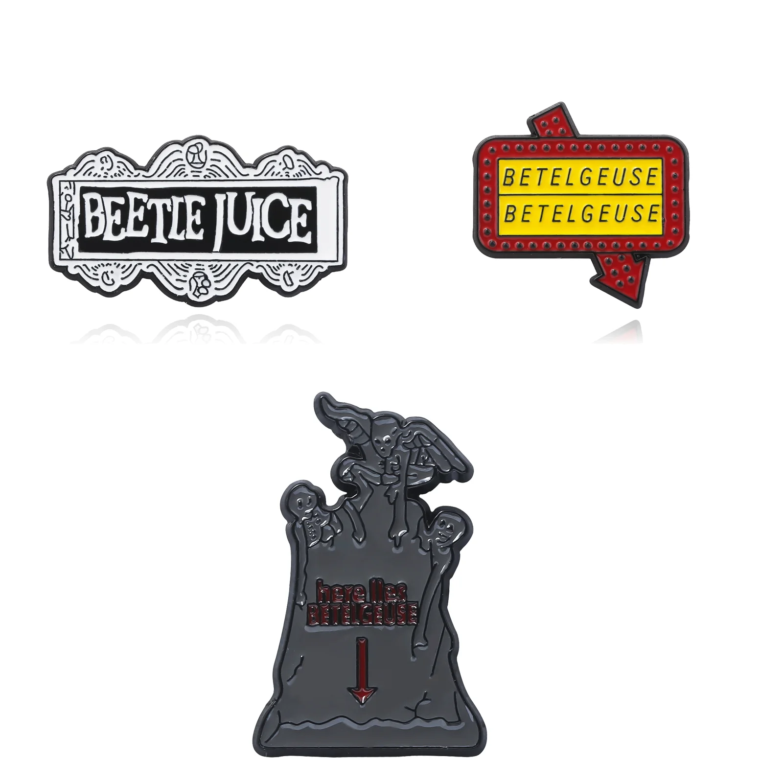 Broche de Beetlejuice de dibujos animados, zumo de escarabajo, Betelgeuse, insignia de letra inglesa, bolsa de ropa, accesorios adecuados para hombres y mujeres