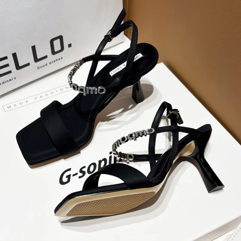 Sexy Square Toe Thin Heeled Sandals Women Summer 2024 Fashion Rhinestone Letter Design Pumps Women Cross Strap Black High Heels