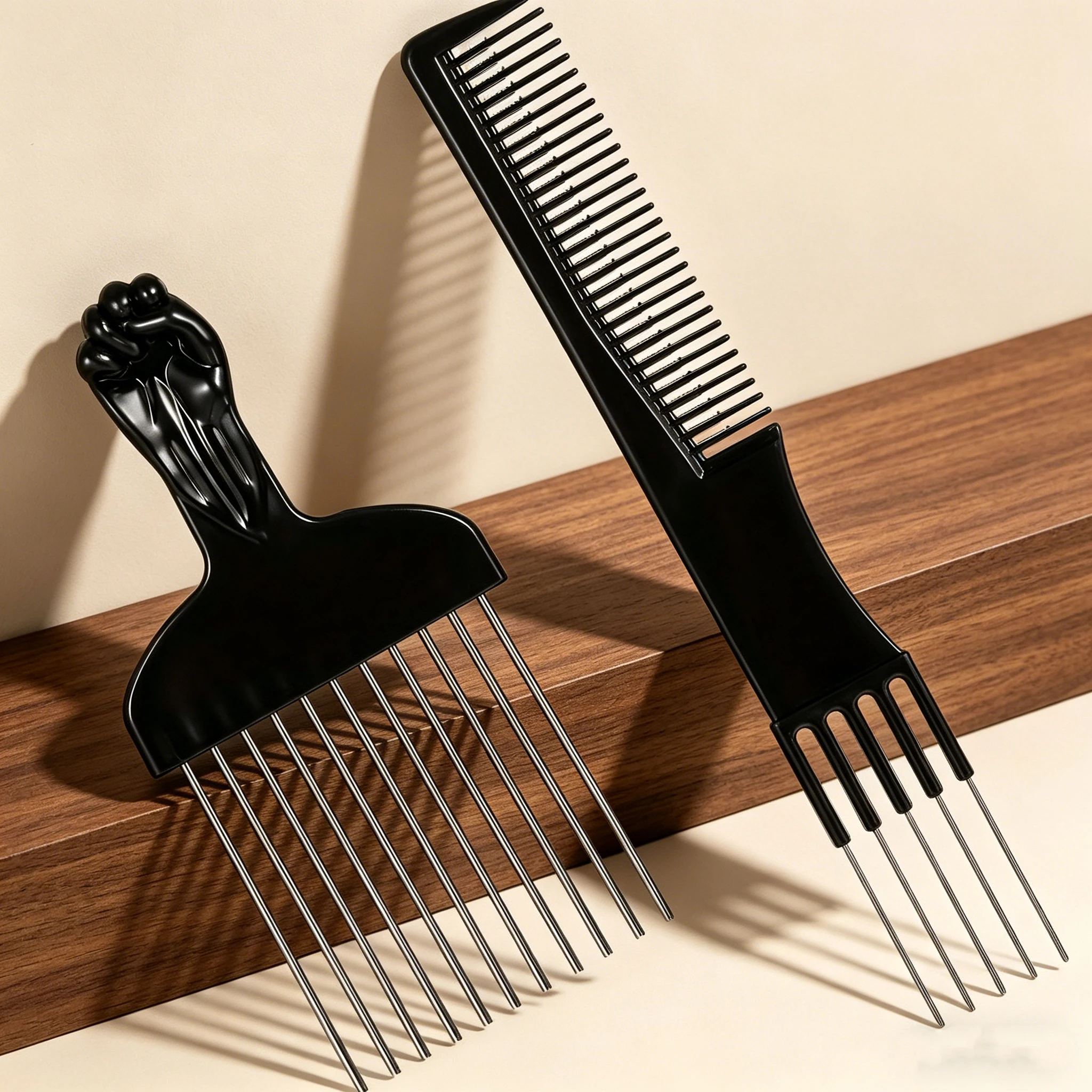 2-Piece Afro Hair Pick Comb Set Metal Prong Lift Comb Anti-static Wide Tooth Styling Comb Barber Hair Volumizing Tools