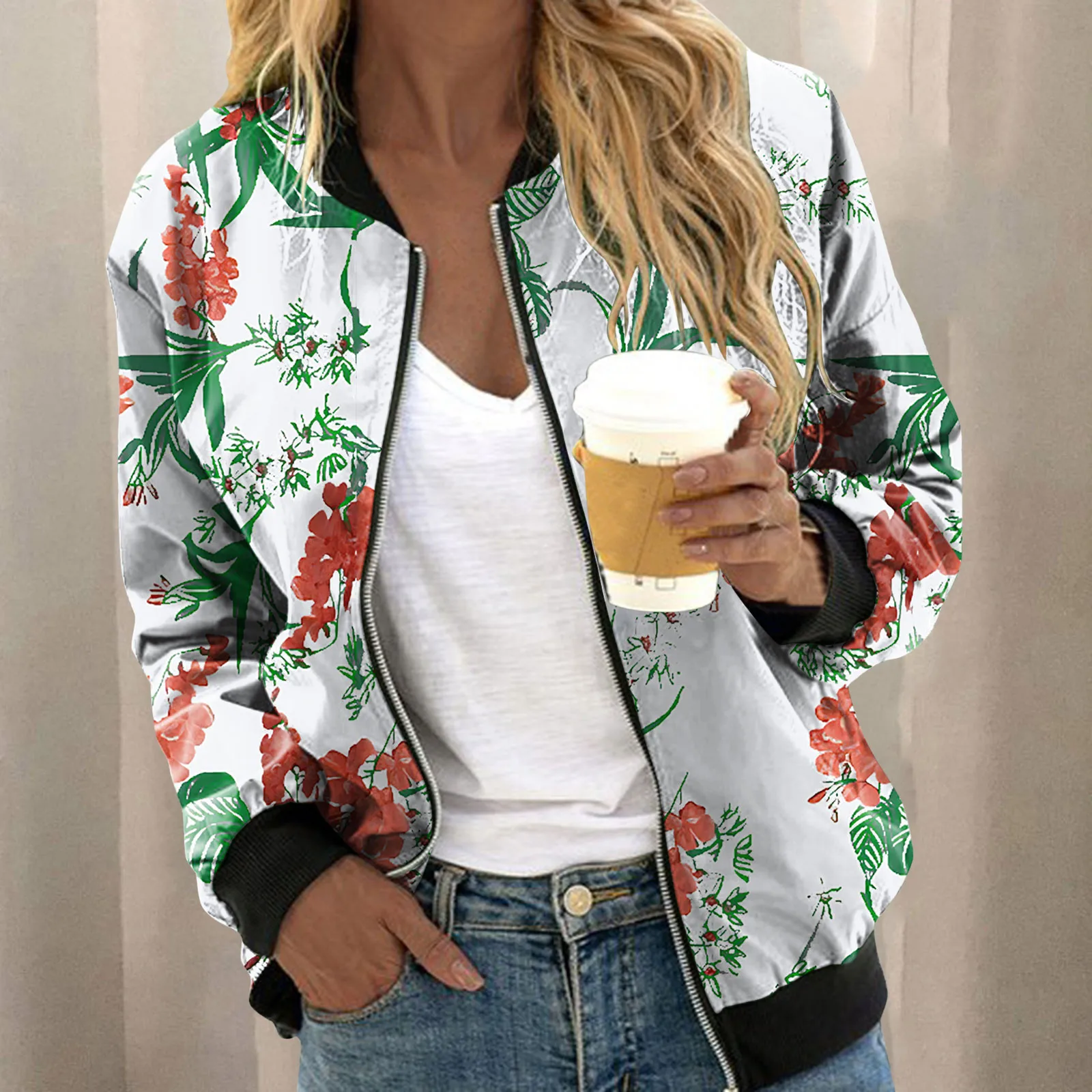 Chaquetas de cuello alto con estampado de flores para mujer, prendas de vestir exteriores deportivas básicas diarias Vintage, chaqueta informal ligera con cremallera