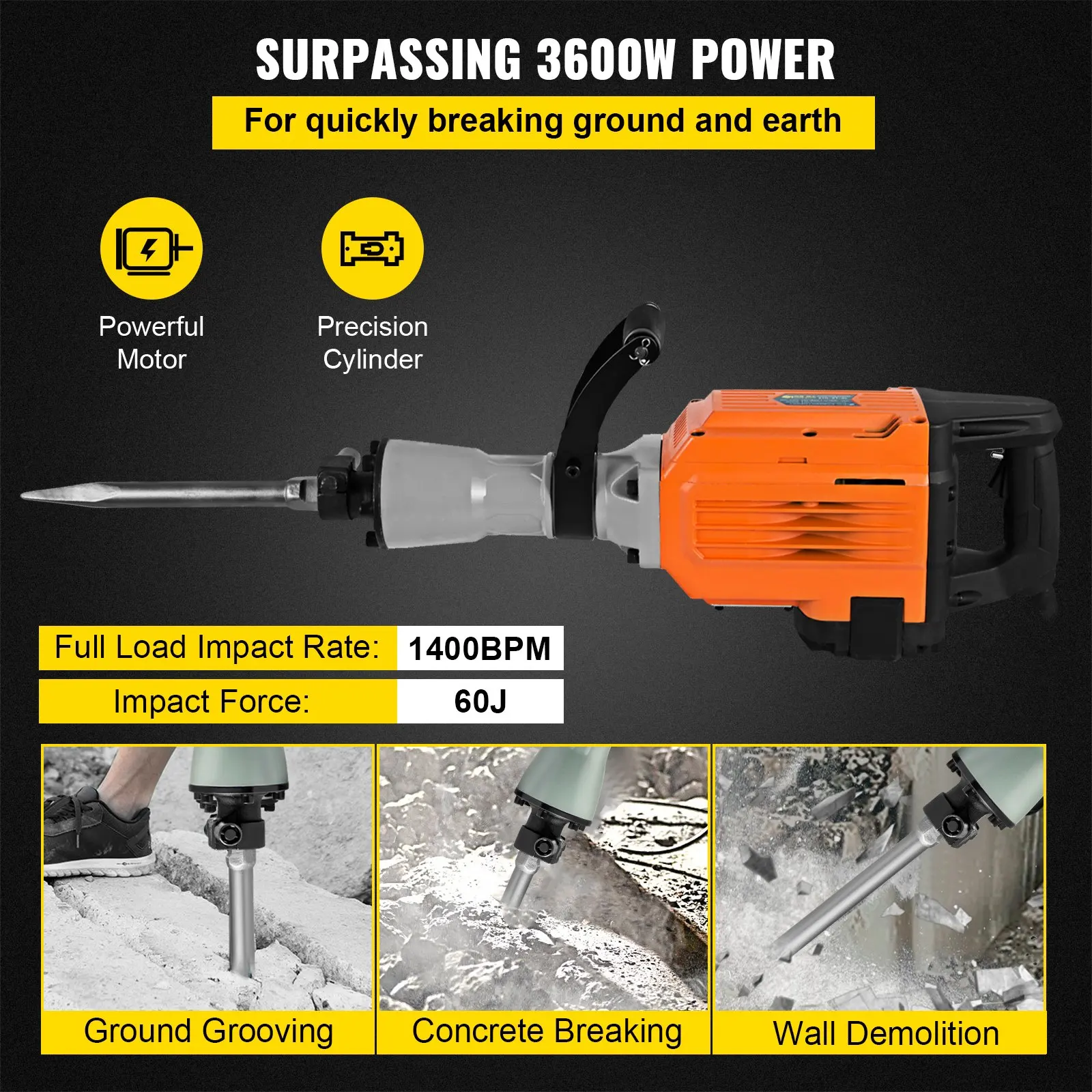 3600W Electric Demolition Hammer Heavy Duty Concrete Breaker 1400 BPM Jack Hammer Demolition Drills with Flat Chisel Bull Point