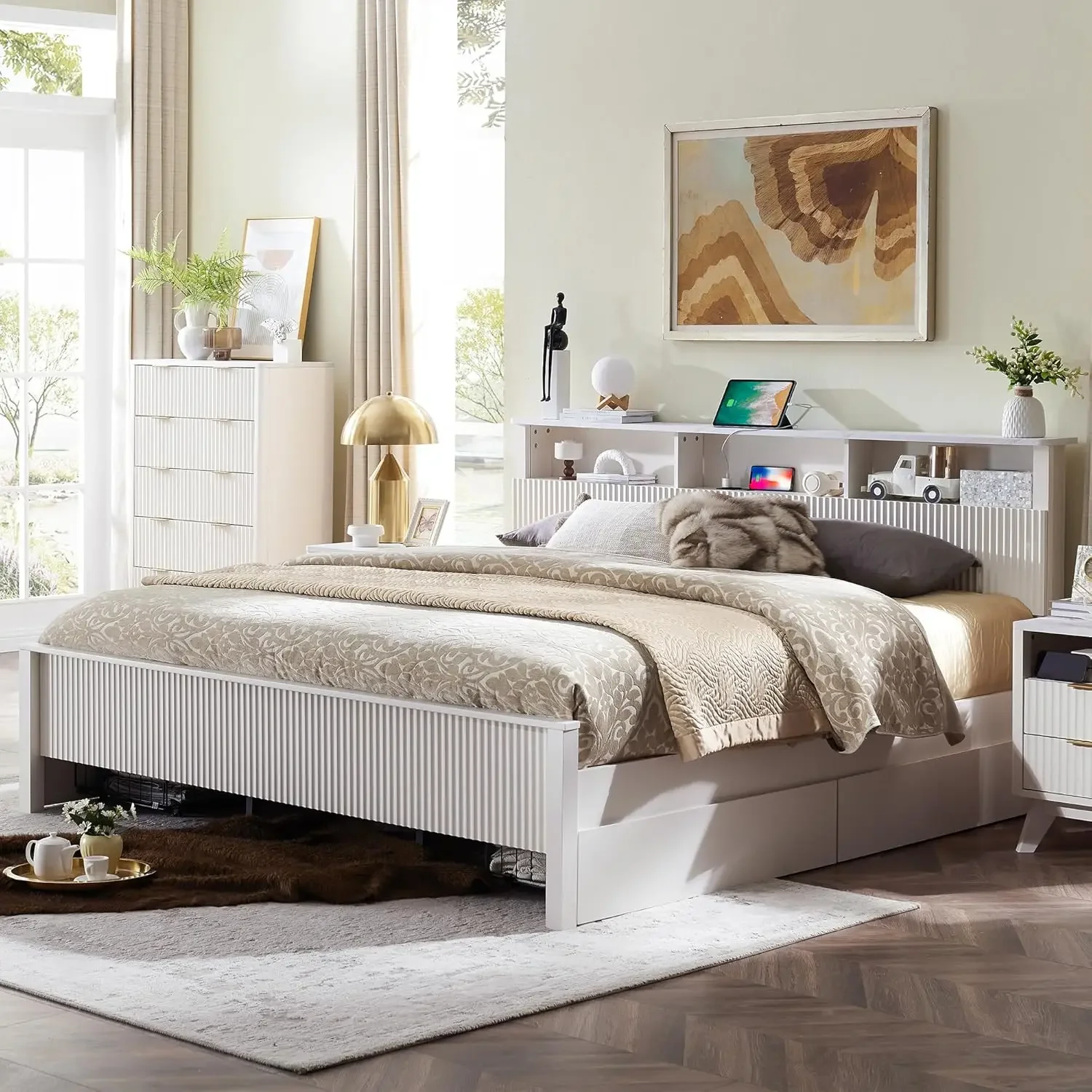 Fluted Panel Queen Bed Frame with Bookcase Headboard & Charging Station, Modern, Wood Slats Support, Noise Free,, Off White