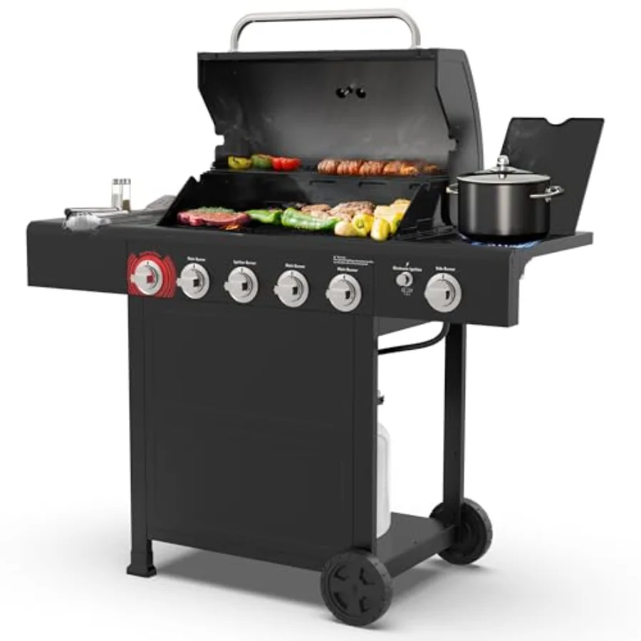 

5-Burner Propane Gas Grill with Side Burner and Searing Zone 644 Sq. In. Stainless Steel Construction 66 000 BTU Black Ideal fo