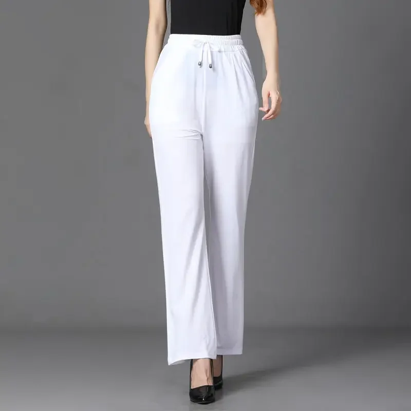 

Korean Fashion Women Solid Wide Leg Pants Spring Summer Thin Elastic Lace-up High Waist New Loose Casual Straight Trousers 5XL